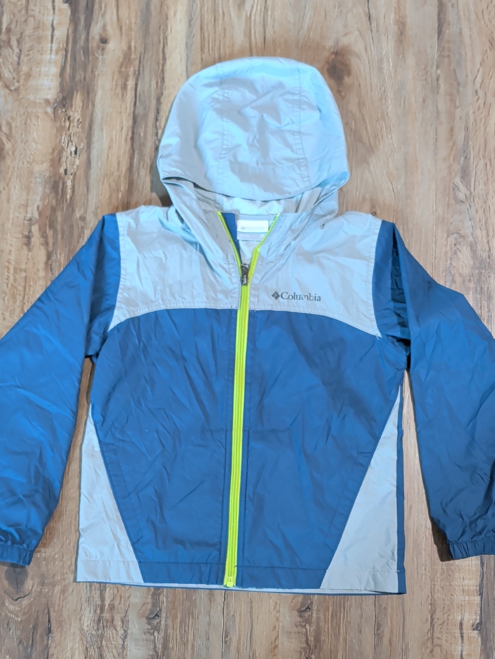 Columbia Kids Blue and Light Gray Hooded Rain Jacket with Neon Yellow Zip